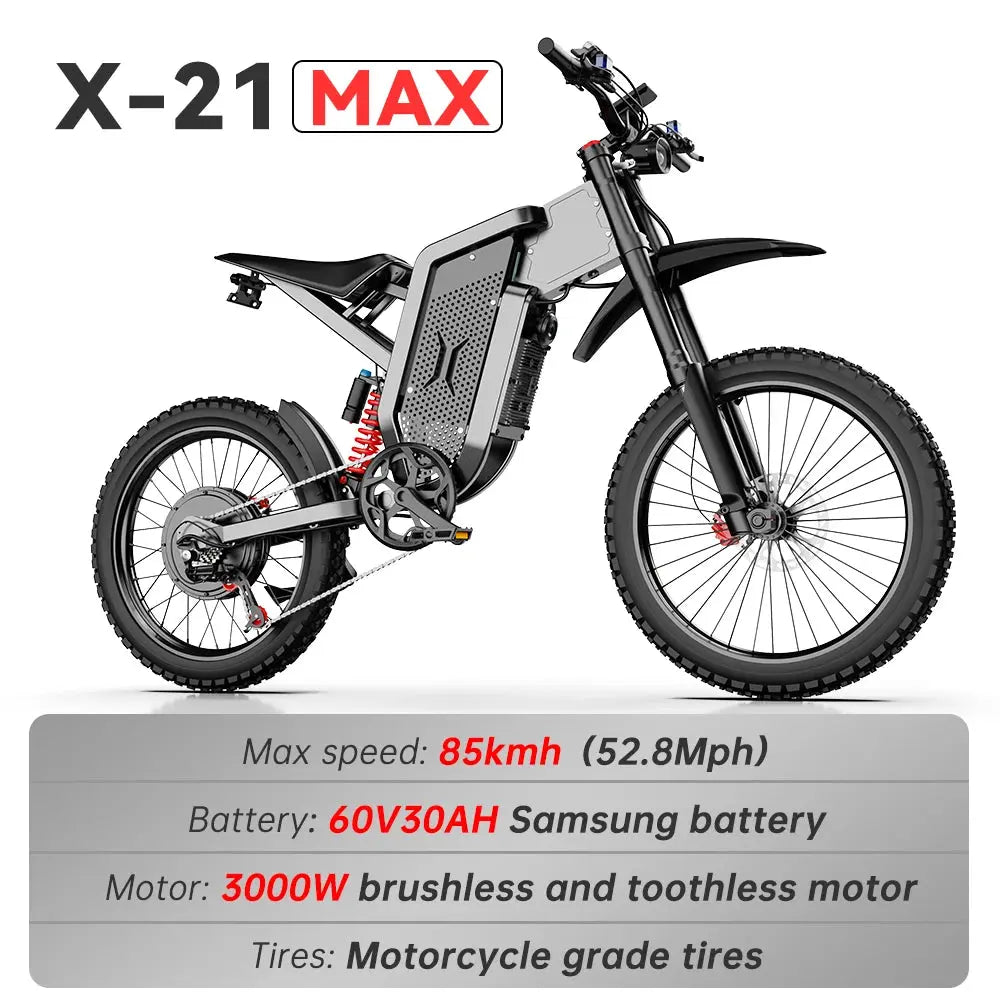 X21 Max Electric Motorcycles 3000W Brushless Gearless Motors 60V30AH Lithium Battery Speed 85Kmh Adult off Road Ebike