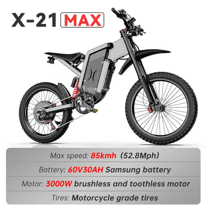 X21 Max Electric Motorcycles 3000W Brushless Gearless Motors 60V30AH Lithium Battery Speed 85Kmh Adult off Road Ebike
